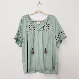Knox Rose Sage Green Boho Embroidered Tassel Peasant Top • Size XXL